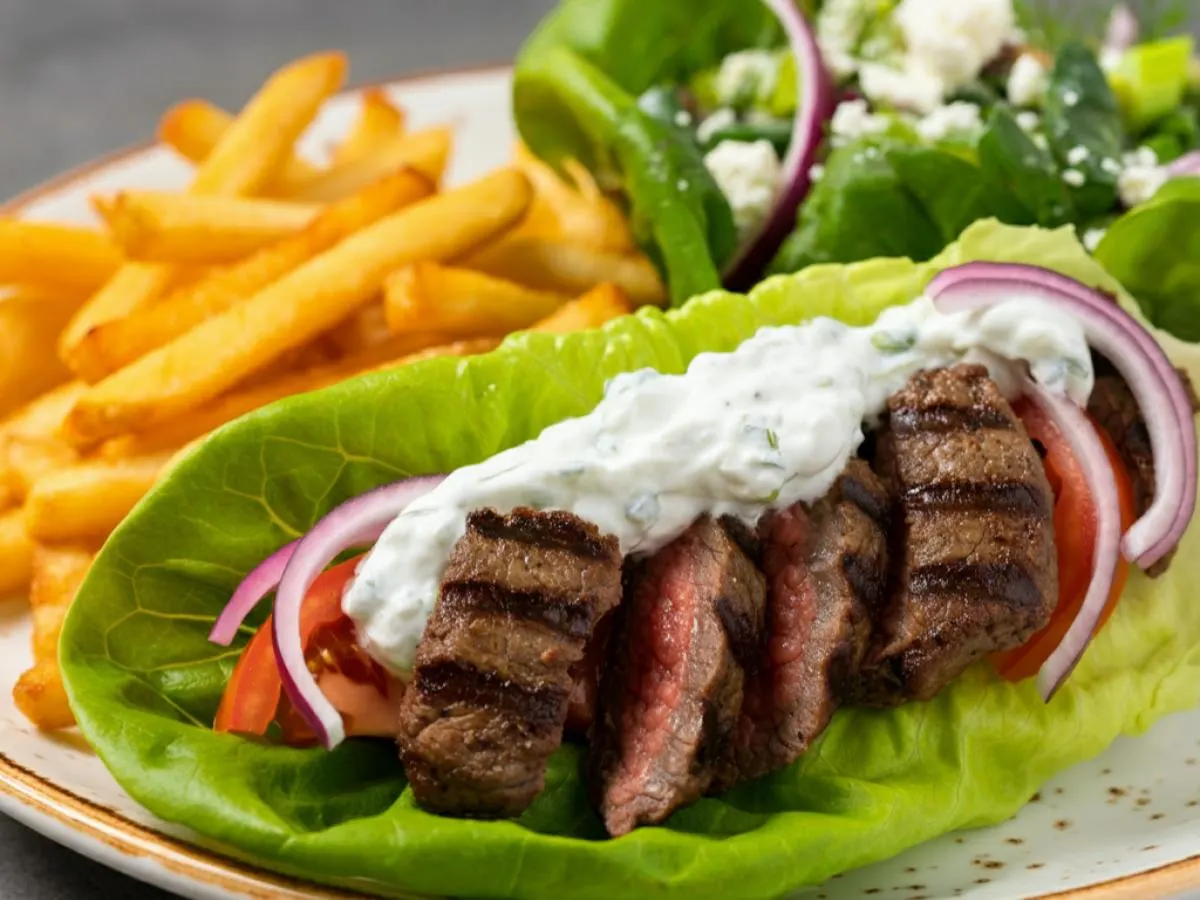 Skirt Steak Gyro on Lettuce Wrap with Greek Fries and Salad Skirt Steak Gyro on Lettuce Wrap with Greek Fries and Salad