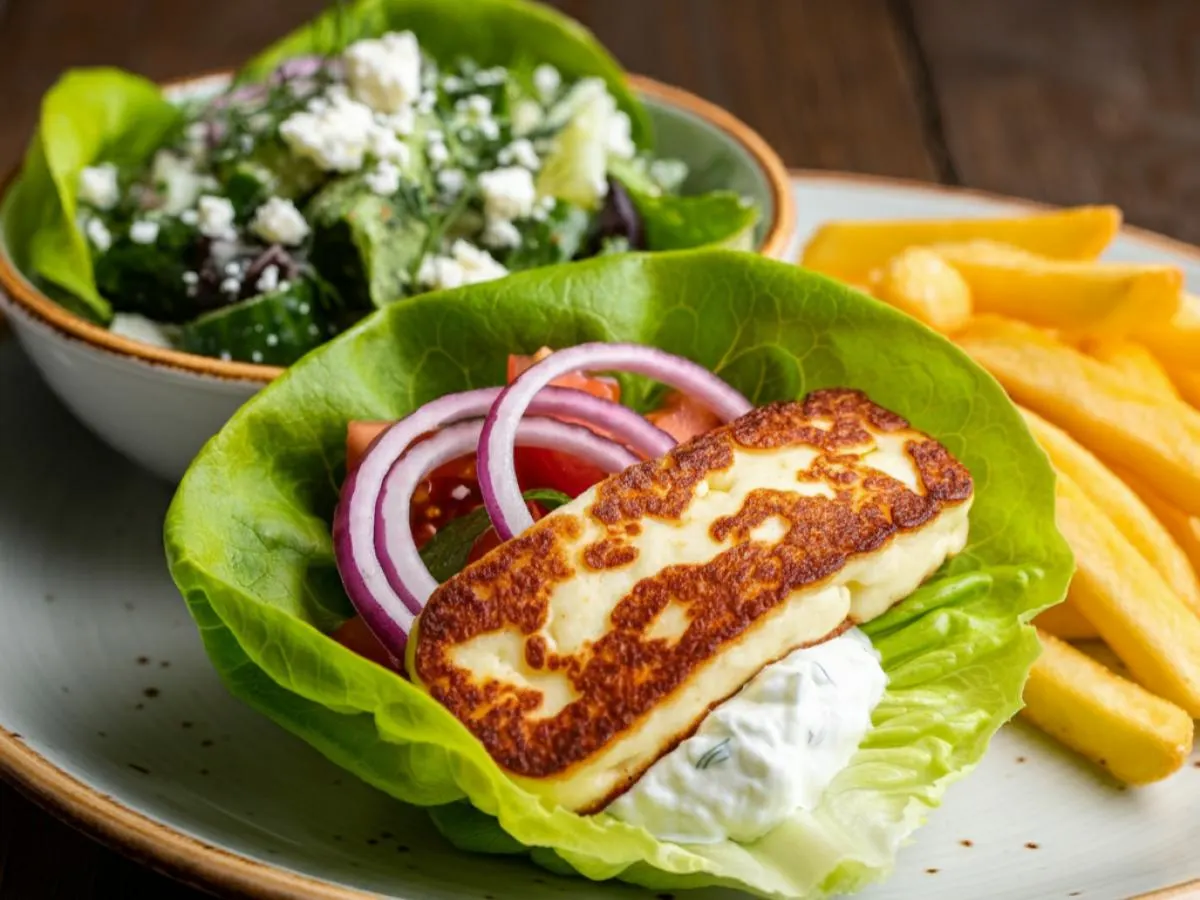 Grilled Halloumi Gyro on Lettuce Wrap with Greek Fries and Salad Grilled Halloumi Gyro on Lettuce Wrap with Greek Fries and Salad