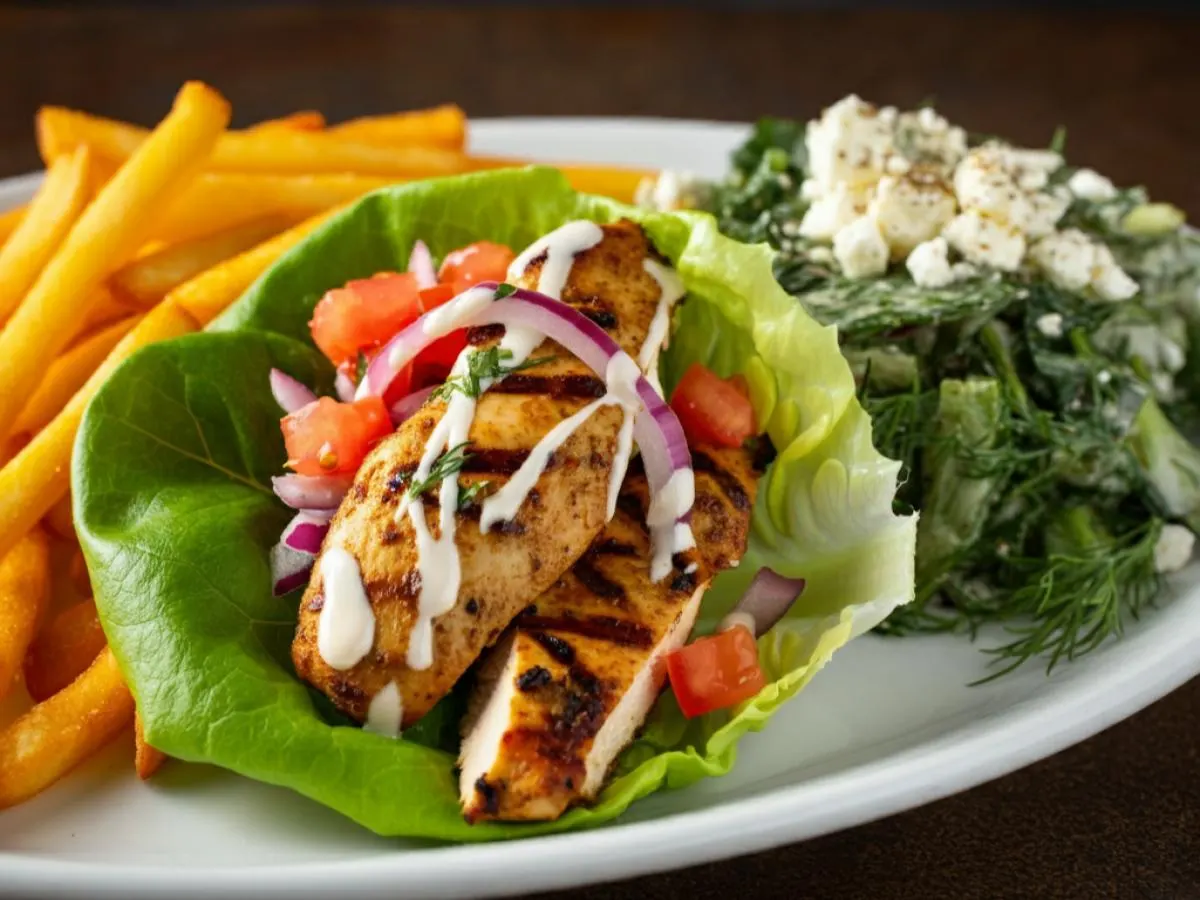 Grilled Chicken Gyro on Lettuce Wrap with Tahini Dressing, Greek Fries and DF Salad Grilled Chicken Gyro on Lettuce Wrap with Tahini Dressing, Greek Fries and DF Salad