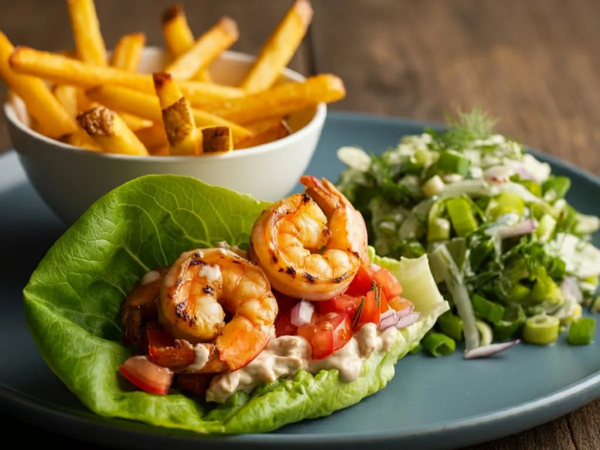 Grilled Shrimp Gyro on Lettuce Wrap with Tahini Dressing, Greek Fries and DF Salad Grilled Shrimp Gyro on Lettuce Wrap with Tahini Dressing, Greek Fries and DF Salad