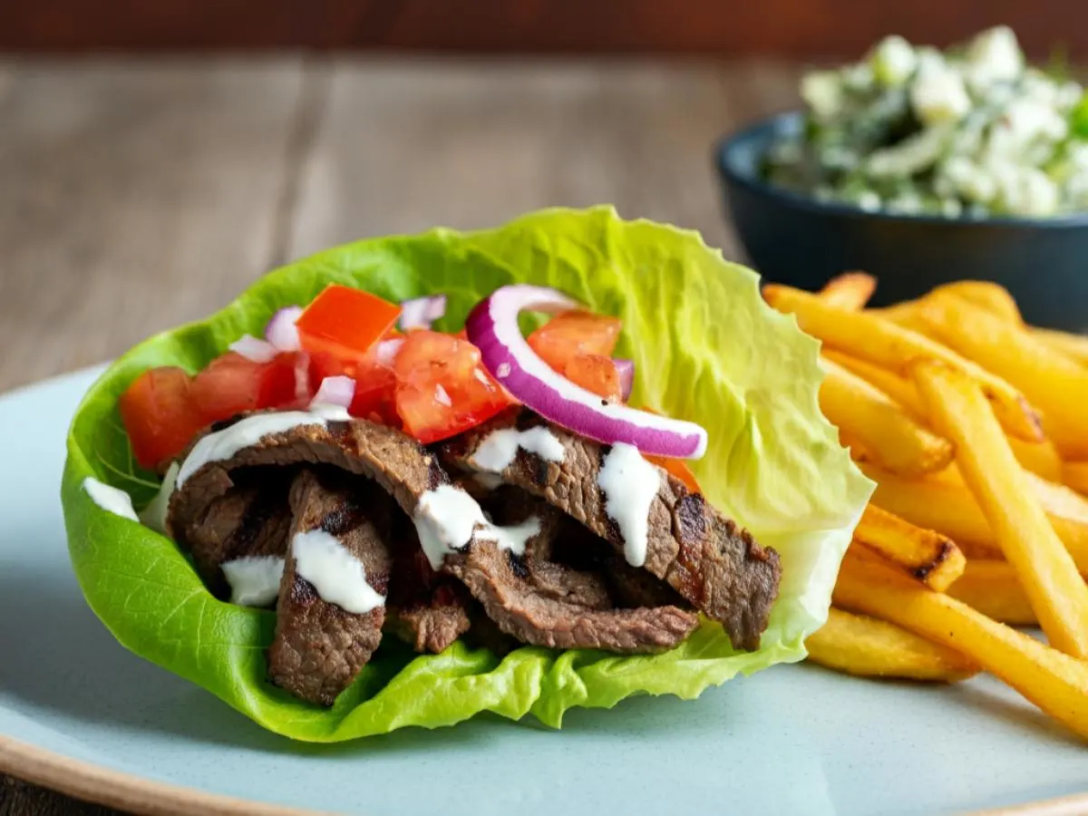 Skirt Steak Gyro on Lettuce Wrap with Tahini Dressing, Greek Fries and DF Salad Skirt Steak Gyro on Lettuce Wrap with Tahini Dressing, Greek Fries and DF Salad
