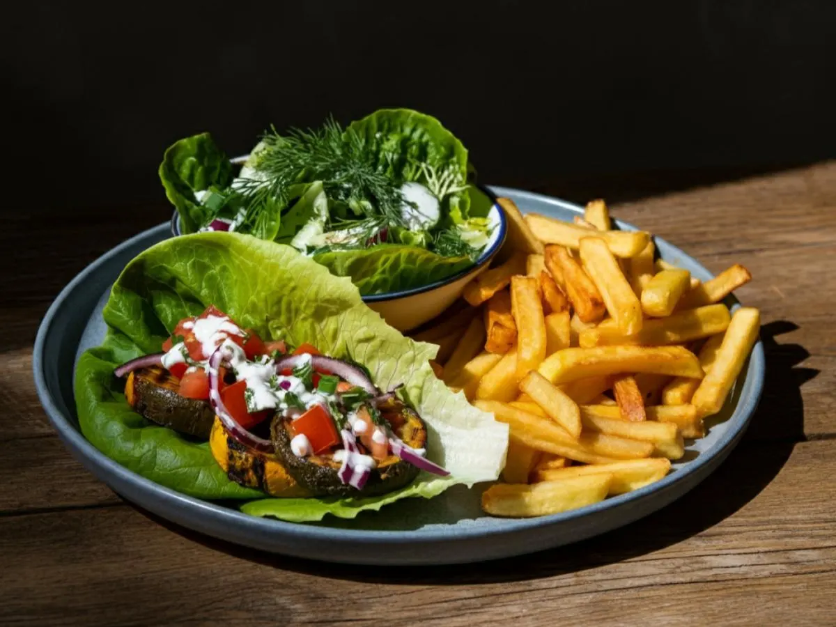 Grilled Veggies Gyro on Lettuce Wrap with Tahini Dressing, Greek Fries and DF Salad Grilled Veggies Gyro on Lettuce Wrap with Tahini Dressing, Greek Fries and DF Salad