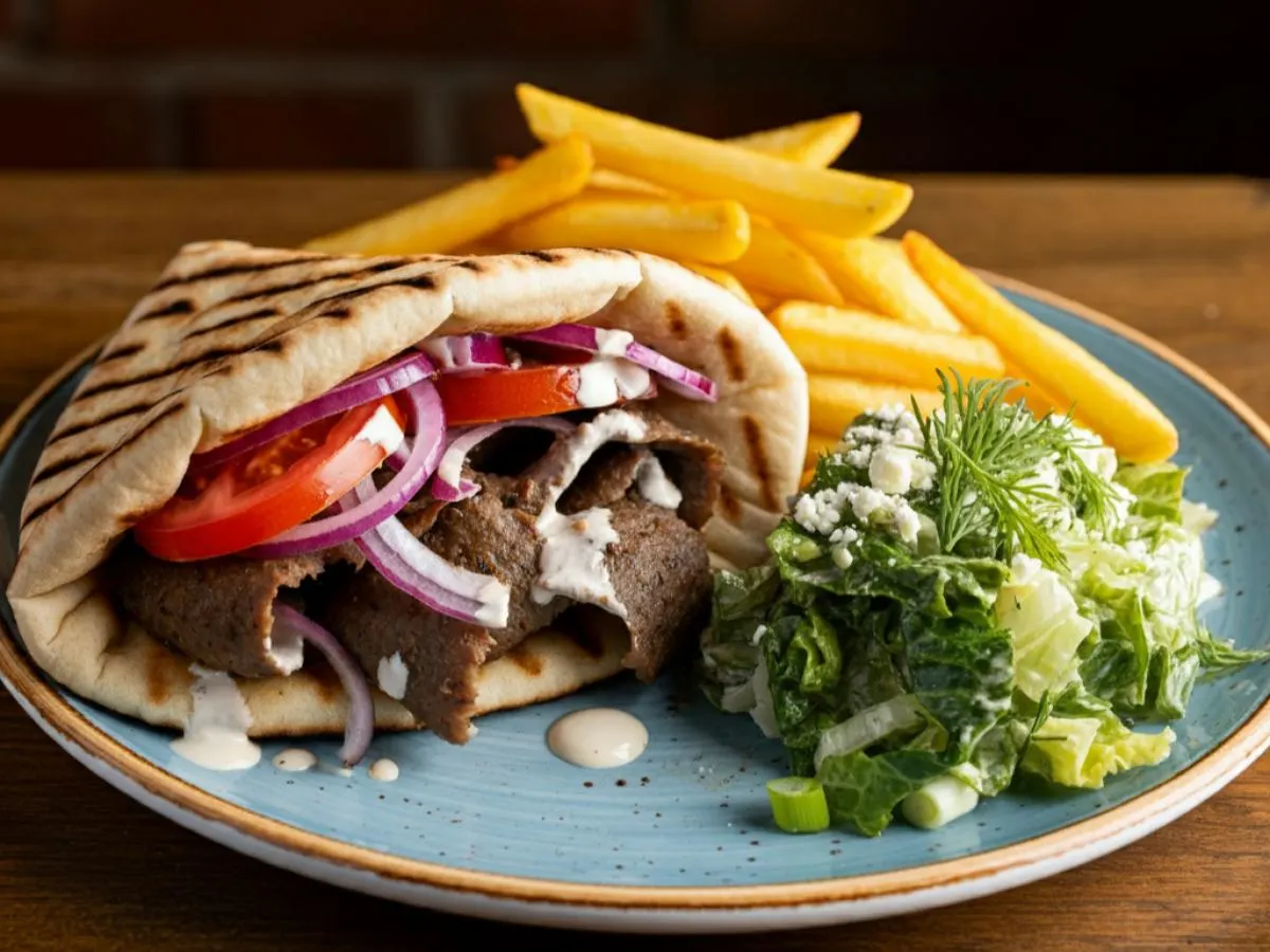 Grilled Lamb Gyro with Tahini Dressing, Greek Fries and DF Salad Grilled Lamb Gyro with Tahini Dressing, Greek Fries and DF Salad