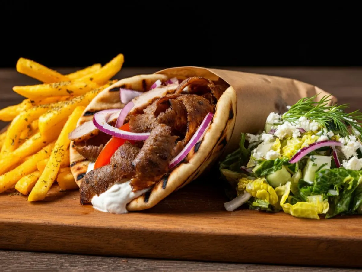 Grilled Pork Gyro with Tahini Dressing, Greek Fries and DF Salad Grilled Pork Gyro with Tahini Dressing, Greek Fries and DF Salad