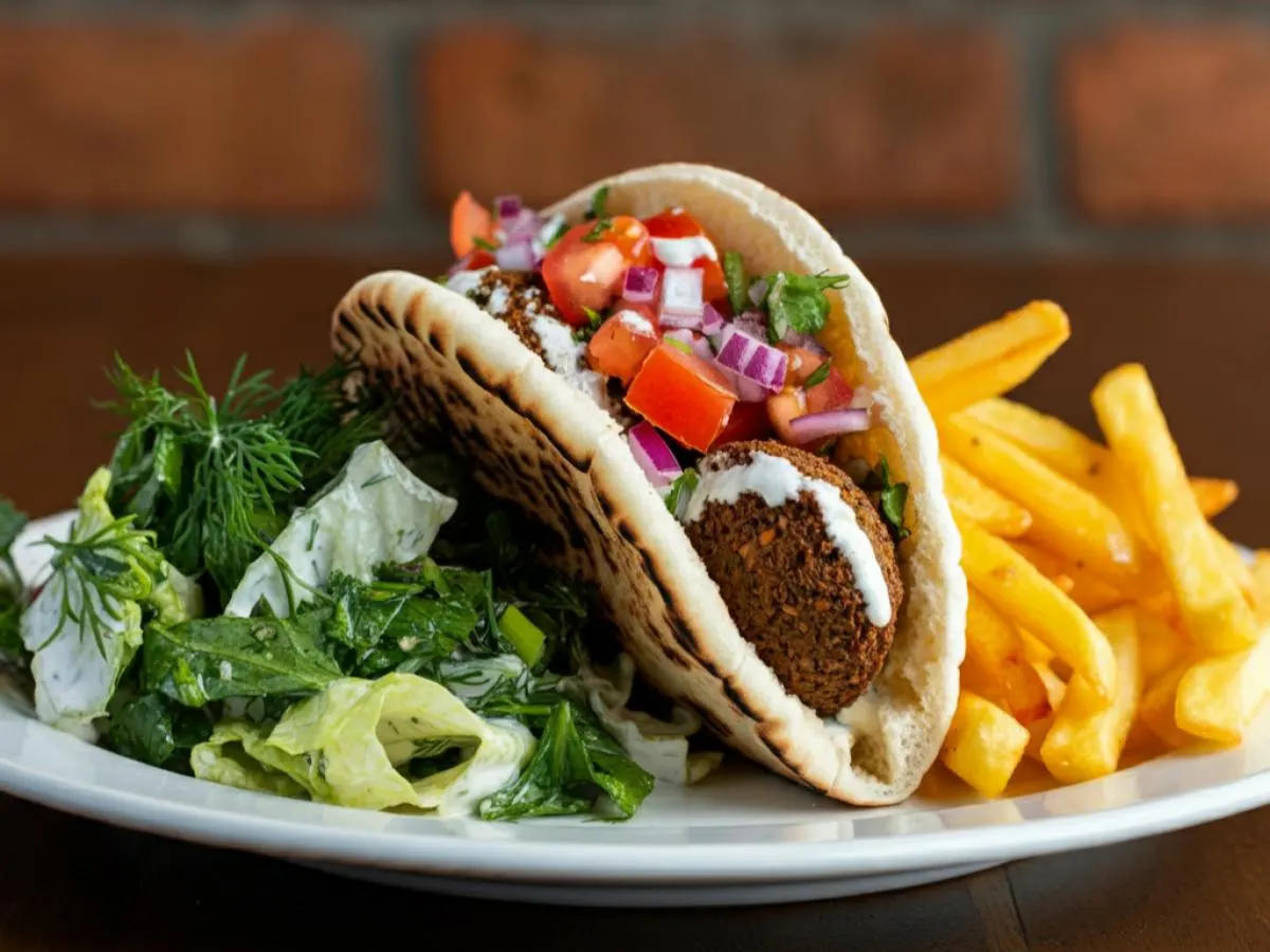 Falafel Gyro with Tahini Dressing, Greek Fries and DF Salad Falafel Gyro with Tahini Dressing, Greek Fries and DF Salad
