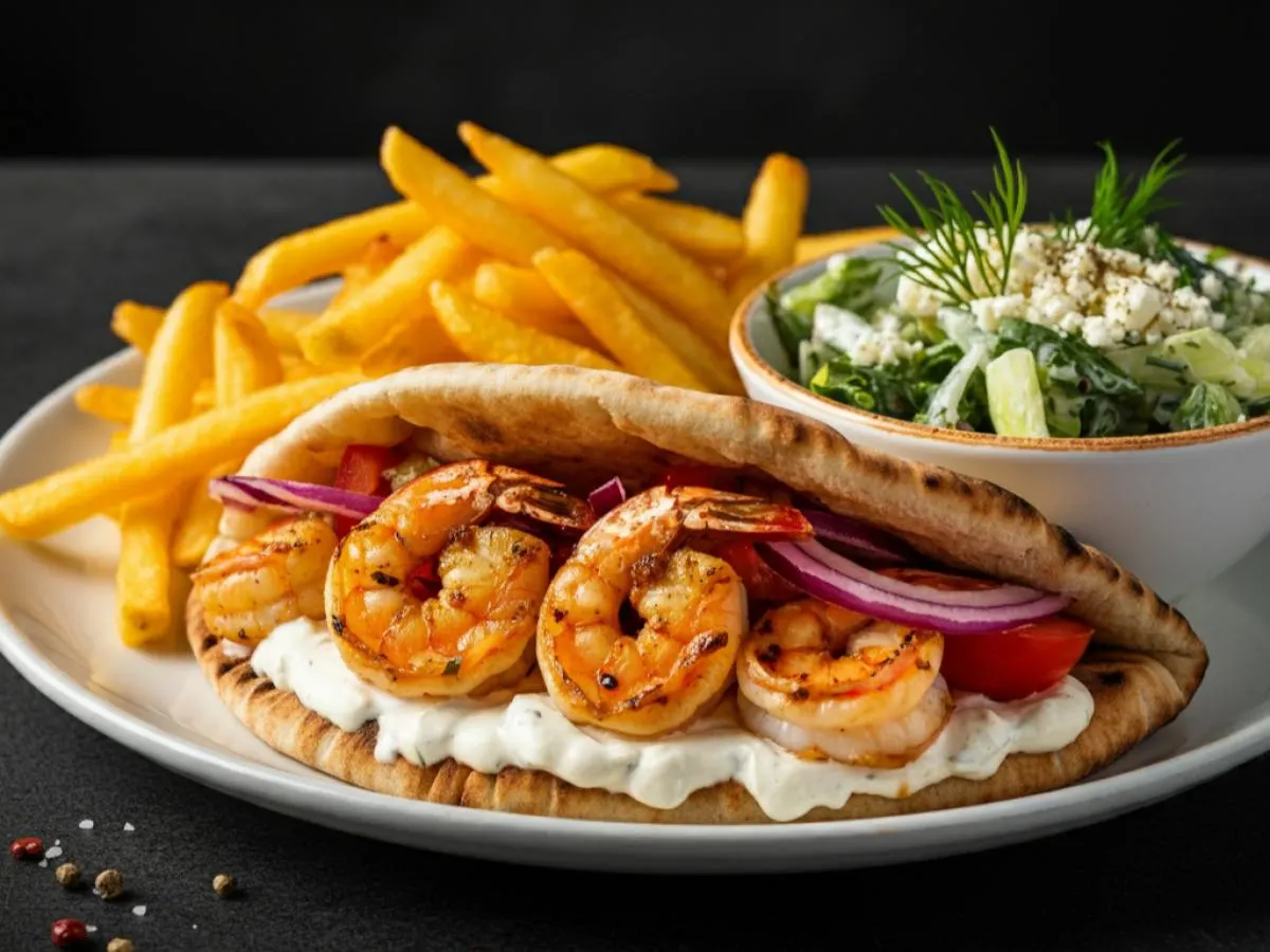 Grilled Shrimp Gyro with Tahini Dressing, Greek Fries and DF Salad Grilled Shrimp Gyro with Tahini Dressing, Greek Fries and DF Salad