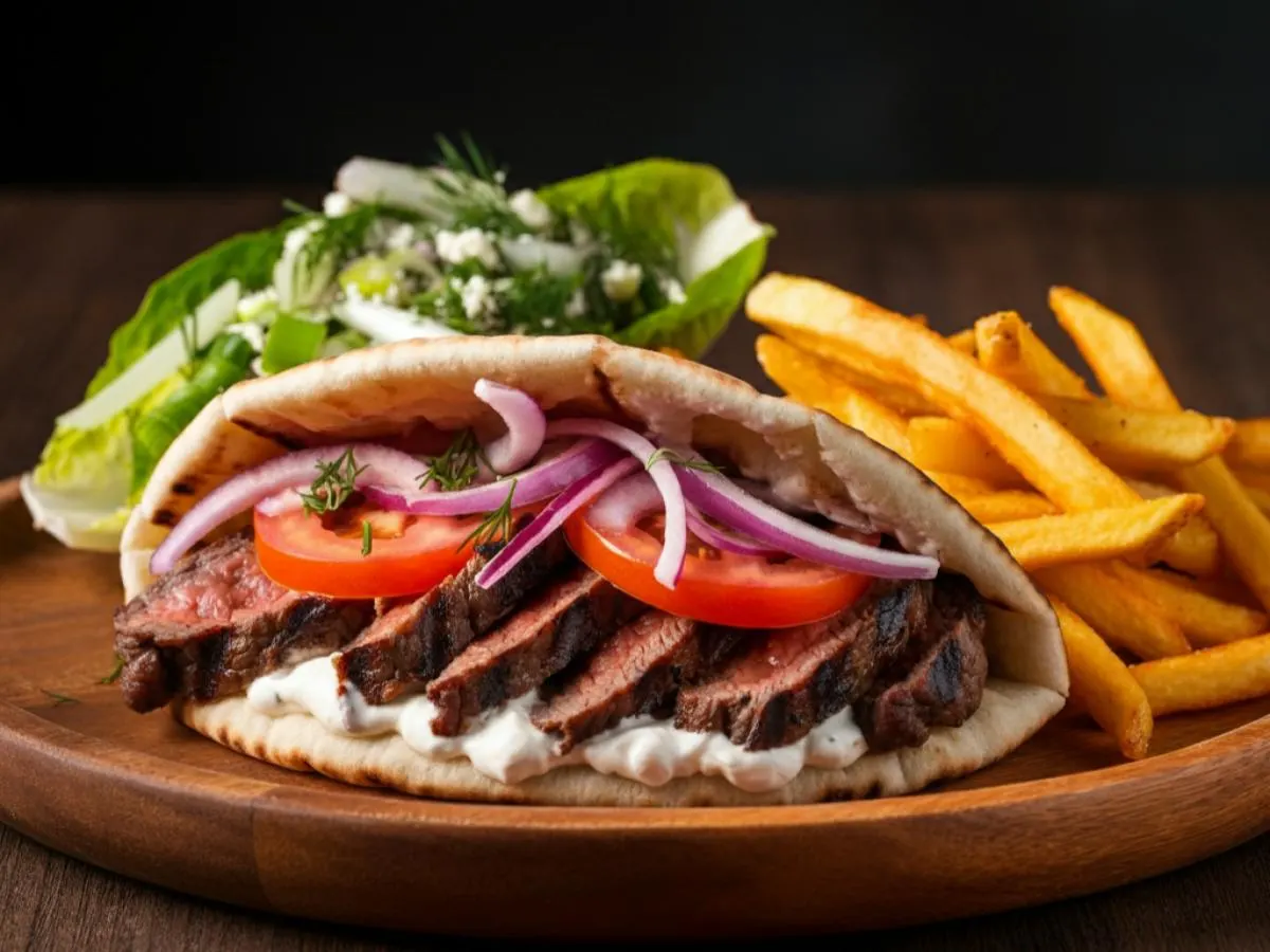 Skirt Steak Gyro with Tahini Dressing, Greek Fries and DF Salad Skirt Steak Gyro with Tahini Dressing, Greek Fries and DF Salad