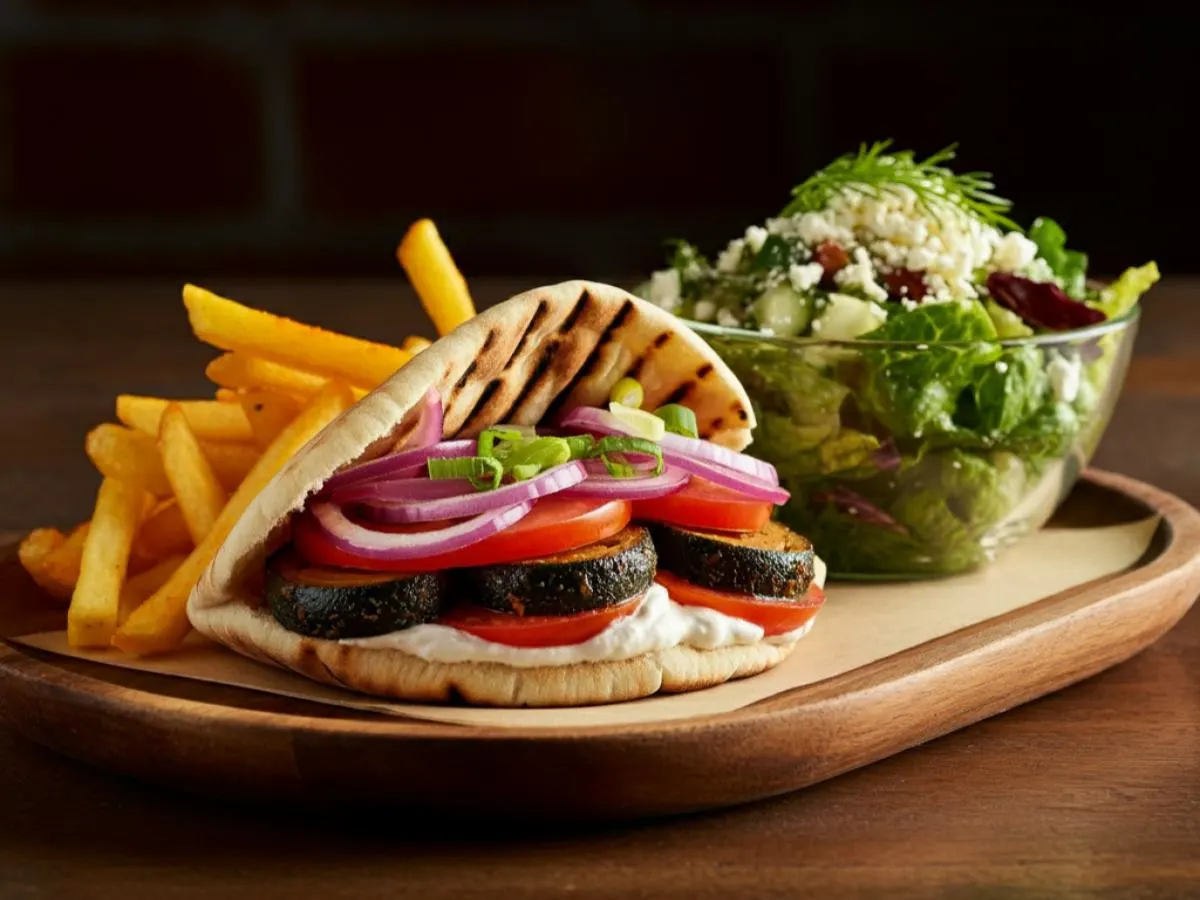 Grilled Veggies Gyro with Tahini Dressing, Greek Fries and DF Salad Grilled Veggies Gyro with Tahini Dressing, Greek Fries and DF Salad