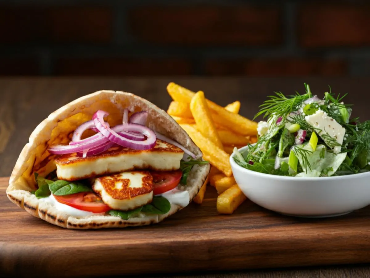 Grilled Halloumi Gyro with Tahini Dressing, Greek Fries and DF Salad Grilled Halloumi Gyro with Tahini Dressing, Greek Fries and DF Salad