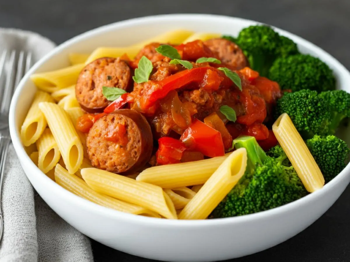 Italian Sausage, Sweet Pepper Sauce, & Penne Pasta with Sauted Garlic Broccoli Italian Sausage, Sweet Pepper Sauce, & Penne Pasta with Sauted Garlic Broccoli