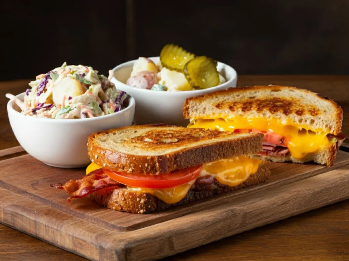 Grilled Cheese, Tomato & Bacon with Cheddar Cheese on Sourdough Bread with Sides Grilled Cheese, Tomato & Bacon with Cheddar Cheese on Sourdough Bread with Sides