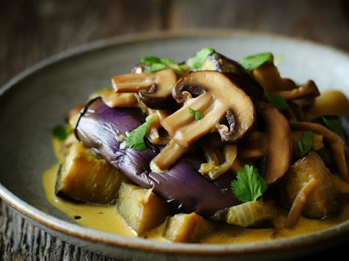 Roasted Eggplant and Shiitake Mushroom with Coconut Milk Curry Sauce Roasted Eggplant and Shiitake Mushroom with Coconut Milk Curry Sauce