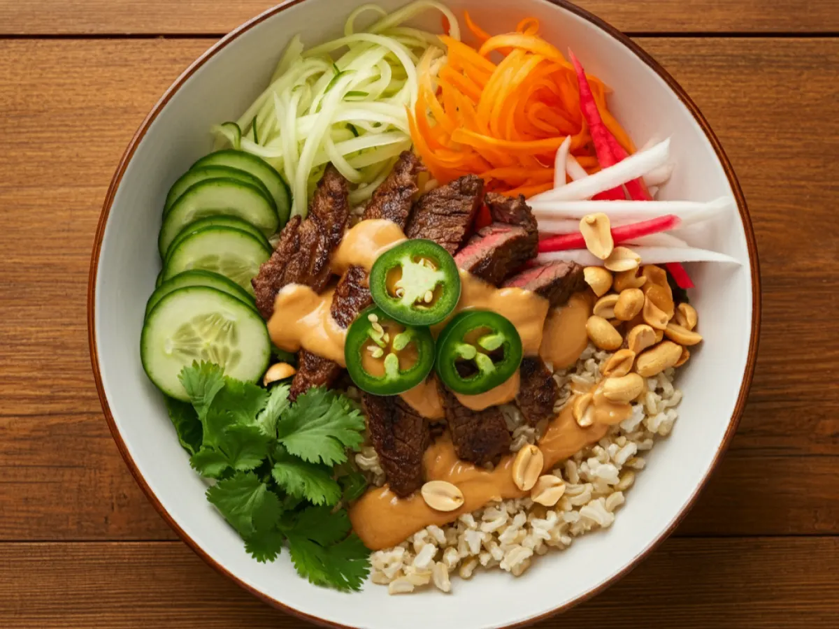 Saigon Peanut Rice Bowl with Grilled Beef Saigon Peanut Rice Bowl with Grilled Beef