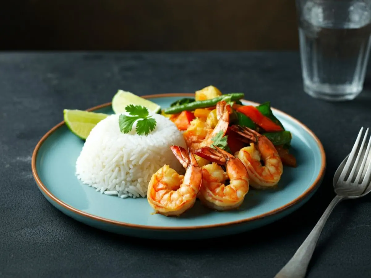 Coconut Prawns with Rice and Red Curry with Mixed Vegetables Coconut Prawns with Rice and Red Curry with Mixed Vegetables