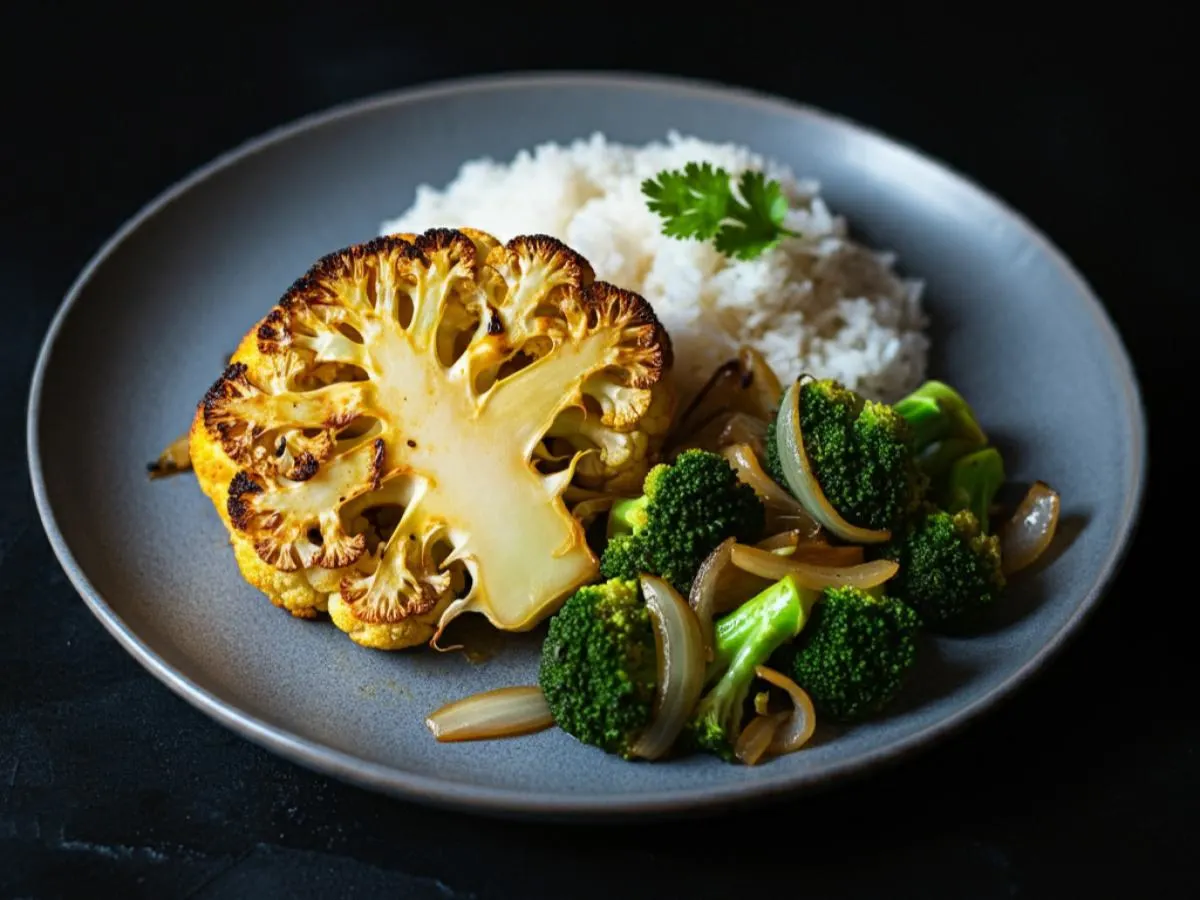 Allergen-Free Roasted Cauliflower Steak with Jasmine Rice and Broccoli Allergen-Free Roasted Cauliflower Steak with Jasmine Rice and Broccoli