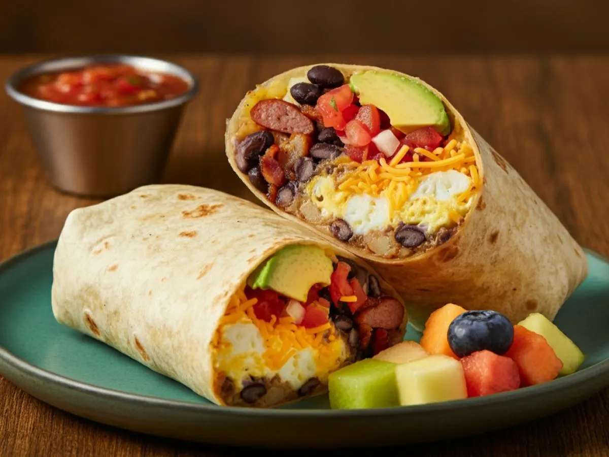 The Chavela Burrito and Fresh Fruit The Chavela Burrito and Fresh Fruit