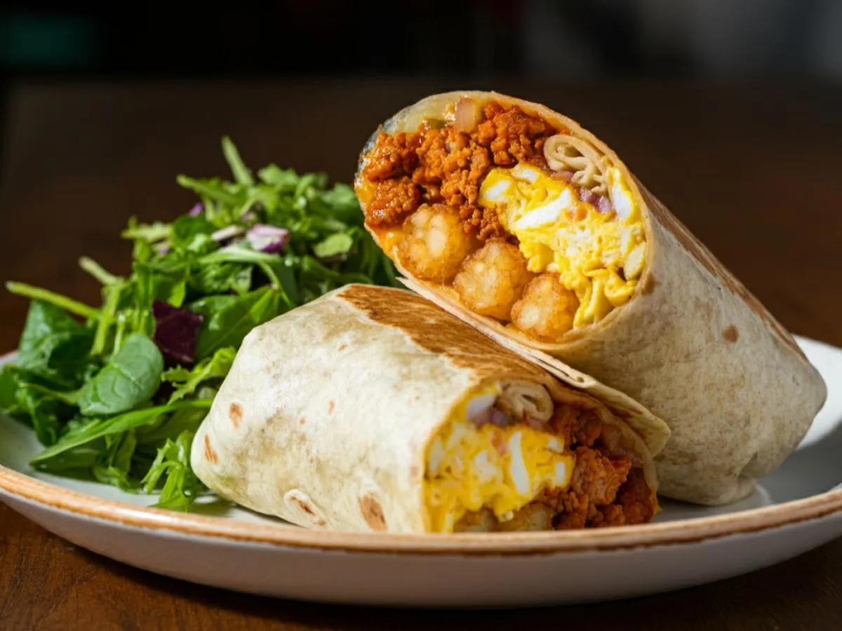 The Chori Burrito and Mix Greens The Chori Burrito and Mix Greens