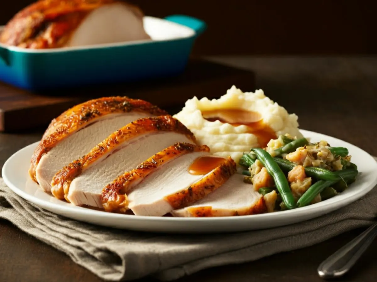 Roasted Turkey with Garlic Parmesan Mashed Potatoes and Green Bean Casserole Roasted Turkey with Garlic Parmesan Mashed Potatoes and Green Bean Casserole