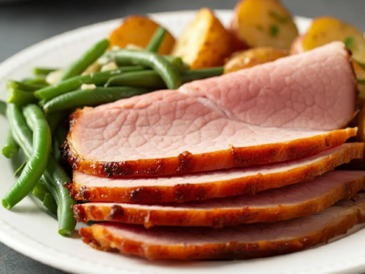 Honey Baked Ham with Green Bean Almondine and Roasted New Potatoes Honey Baked Ham with Green Bean Almondine and Roasted New Potatoes