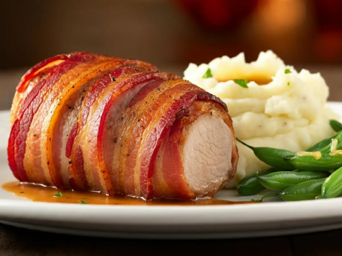 Bacon Wrapped Pork Loin with Garlic Parmesan Mashed Potatoes and Green Bean Casserole Bacon Wrapped Pork Loin with Garlic Parmesan Mashed Potatoes and Green Bean Casserole