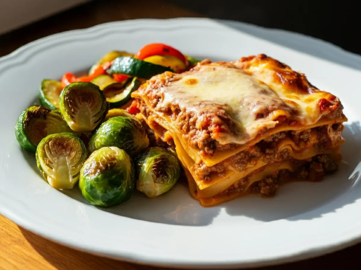 Meat Lasagna with Honey Roasted Brussel Sprouts and Zucchini & Pepper Medley Meat Lasagna with Honey Roasted Brussel Sprouts and Zucchini & Pepper Medley