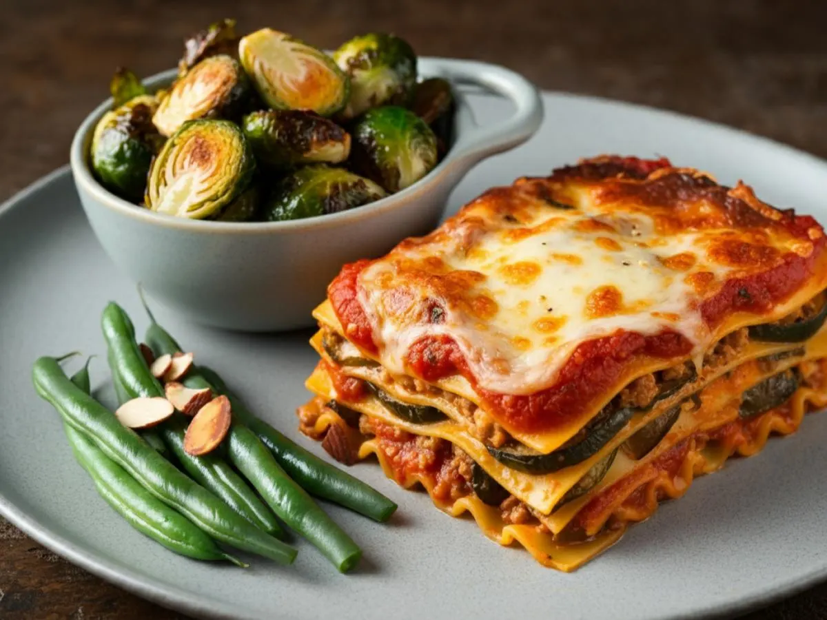 Veggie Lasagna with Green Bean Almondine and Honey Roasted Brussels Sprouts Veggie Lasagna with Green Bean Almondine and Honey Roasted Brussels Sprouts
