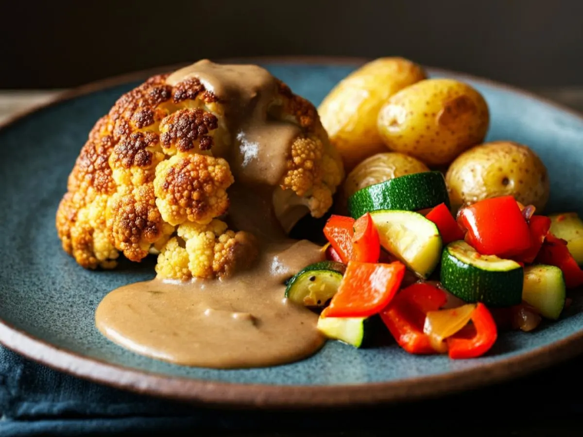 Vegan Cauliflower Roast and Vegan Gravy with Roasted New Potatoes and Zucchini & Pepper Medley Vegan Cauliflower Roast and Vegan Gravy with Roasted New Potatoes and Zucchini & Pepper Medley