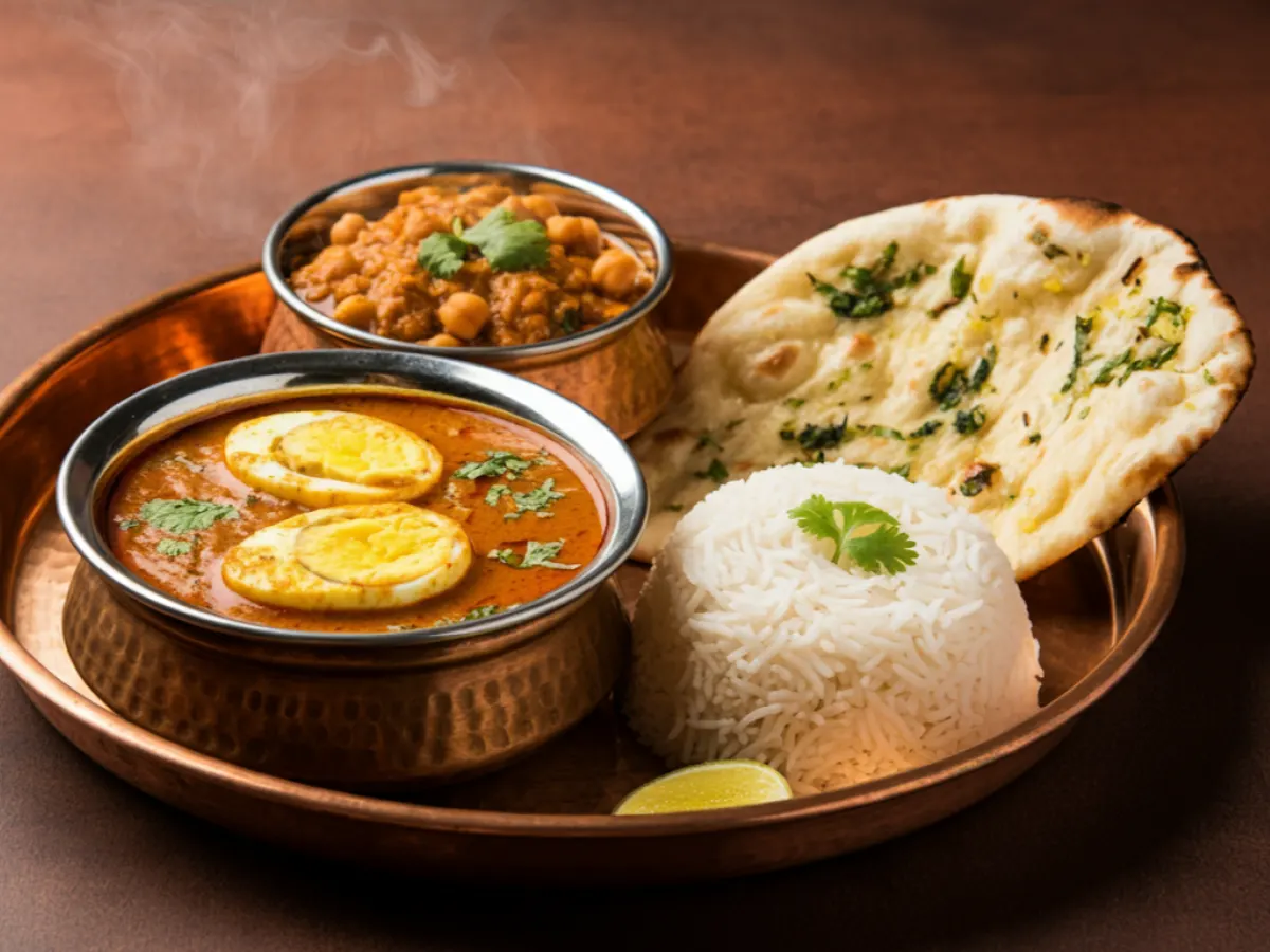 Egg Curry with Chana Masala, Basmati Rice, and Garlic Naan Egg Curry with Chana Masala, Basmati Rice, and Garlic Naan