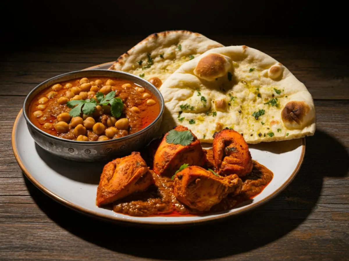 Chicken Tikka Masala with Chana Masala, and Garlic Naan Chicken Tikka Masala with Chana Masala, and Garlic Naan