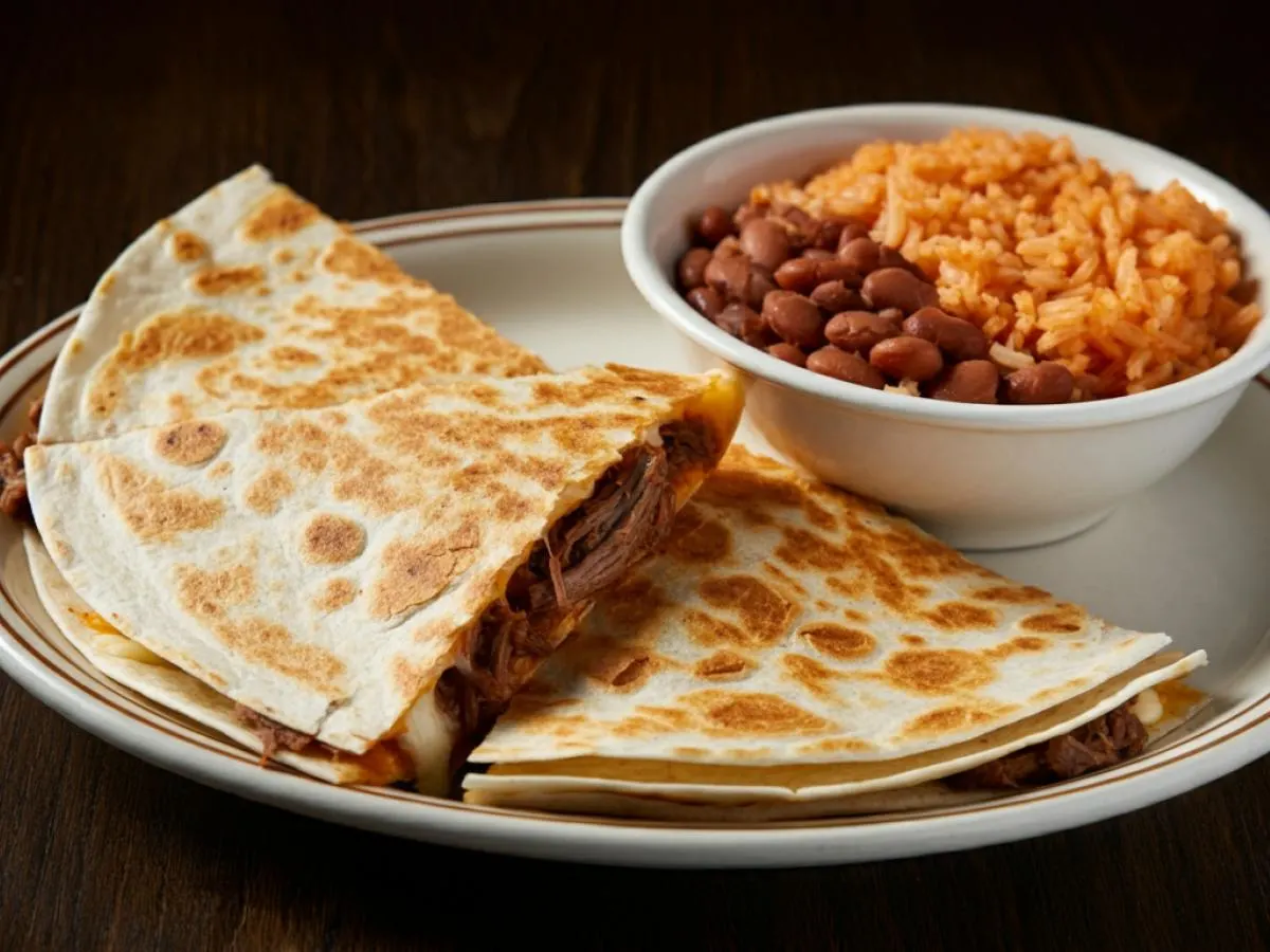 Boxed Barbacoa Quesadilla With Rice and Beans