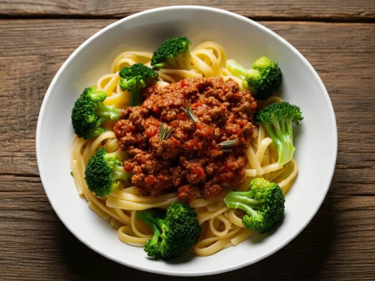 Beef Bolognaise Sauce Over Linguini with Sautéed Garlic Broccoli Beef Bolognaise Sauce Over Linguini with Sautéed Garlic Broccoli