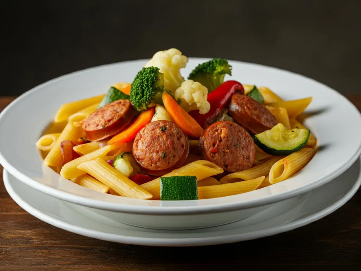 Italian Sausage, Sweet Pepper Sauce, and Penne Pasta with Roasted Vegetables Italian Sausage, Sweet Pepper Sauce, and Penne Pasta with Roasted Vegetables