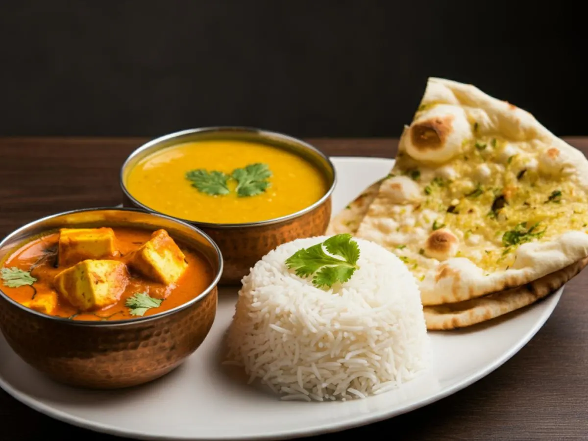 Paneer Tikka Masala with Dal Tadka, Plain Basmati Rice and Garlic Naan Paneer Tikka Masala with Dal Tadka, Plain Basmati Rice and Garlic Naan