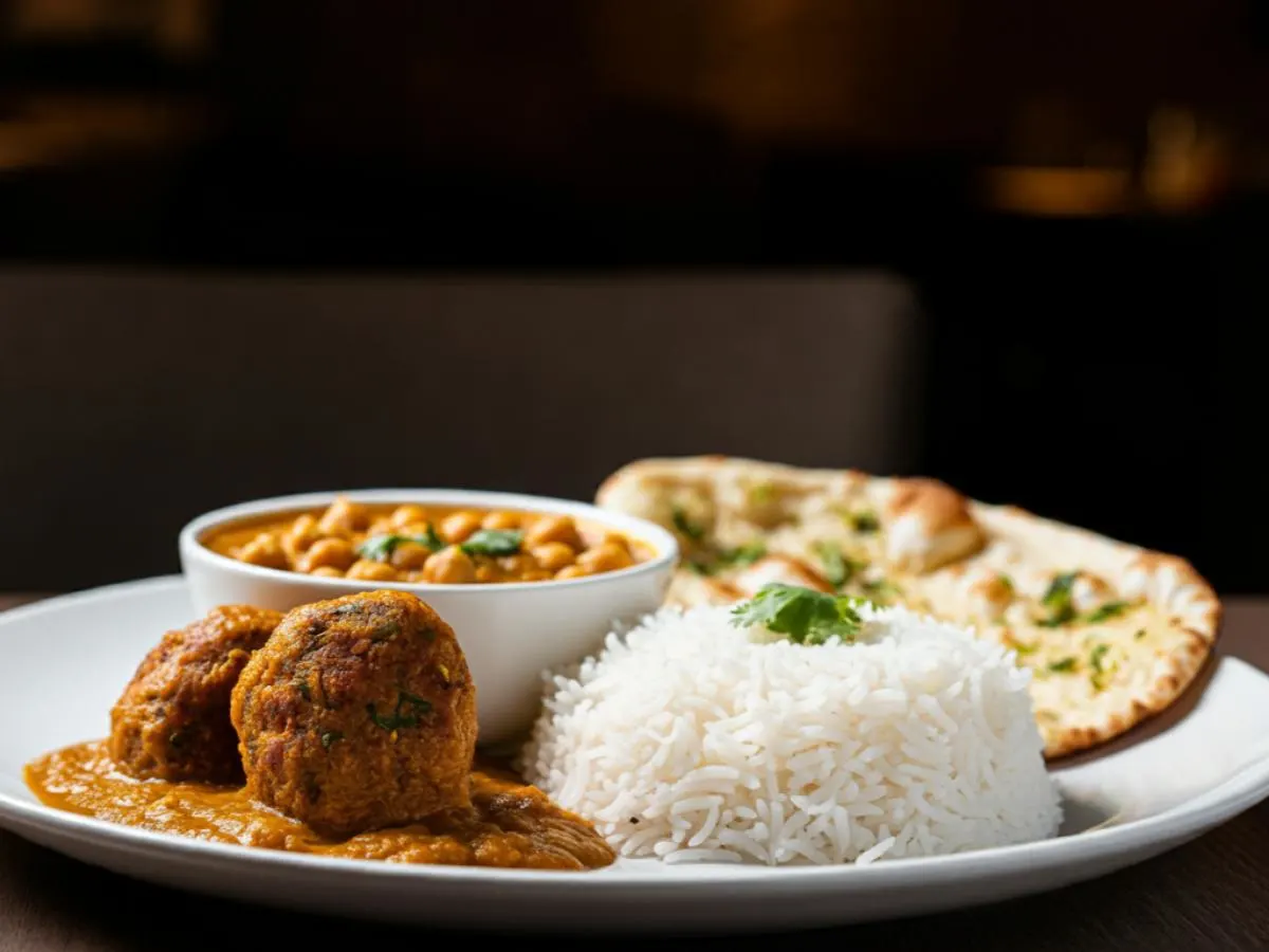 Malai Kofta with Chana Masala, Basmati Rice, and Garlic Naan Malai Kofta with Chana Masala, Basmati Rice, and Garlic Naan