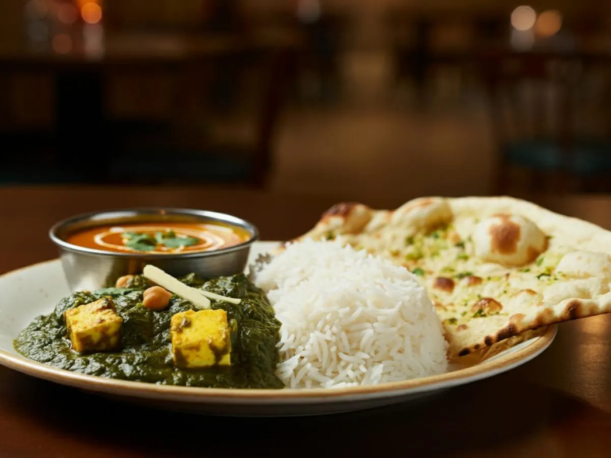 Saag Paneer with Chana Masala, Plain Basmati Rice and Garlic Naan Saag Paneer with Chana Masala, Plain Basmati Rice and Garlic Naan