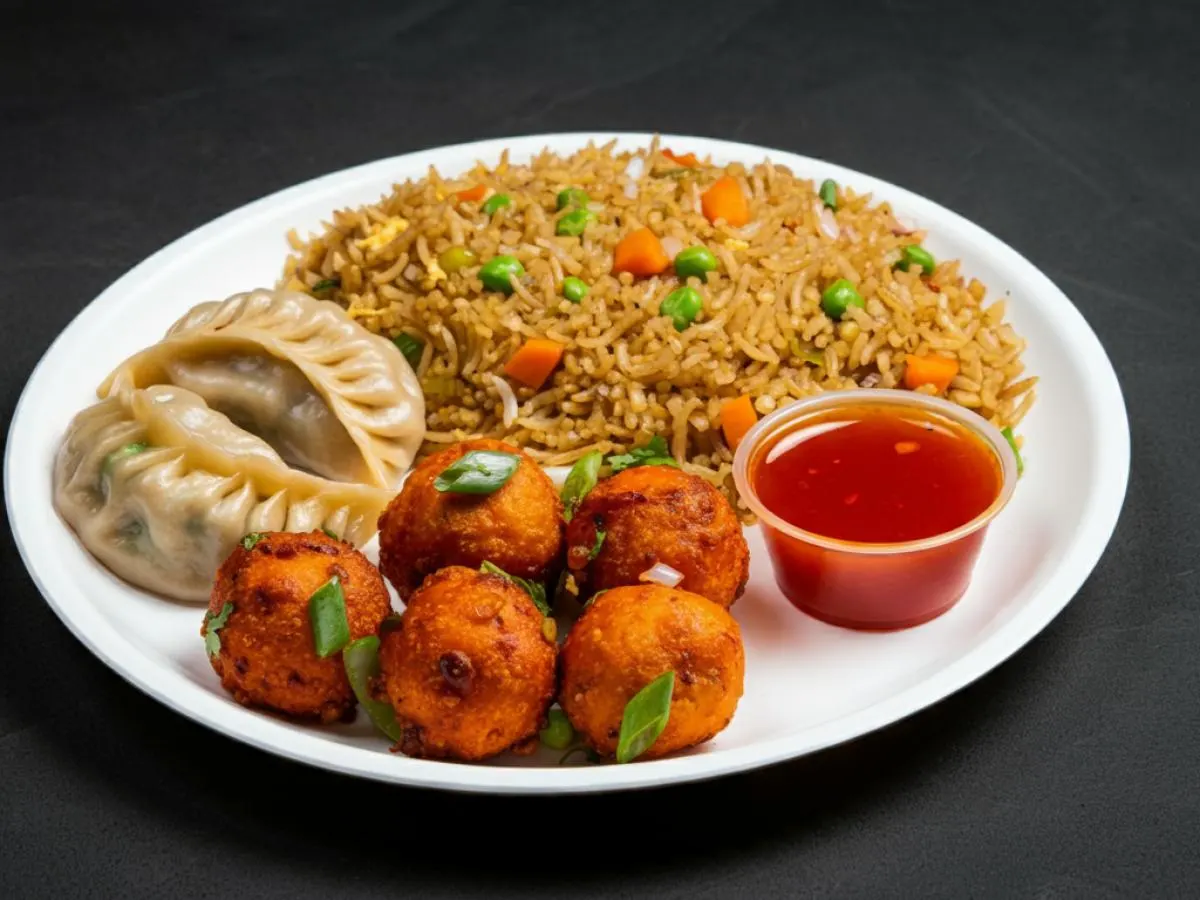 Vegetable Manchurian, Vegetable Spring Rolls, and Veg Fried Rice Vegetable Manchurian, Vegetable Spring Rolls, and Veg Fried Rice