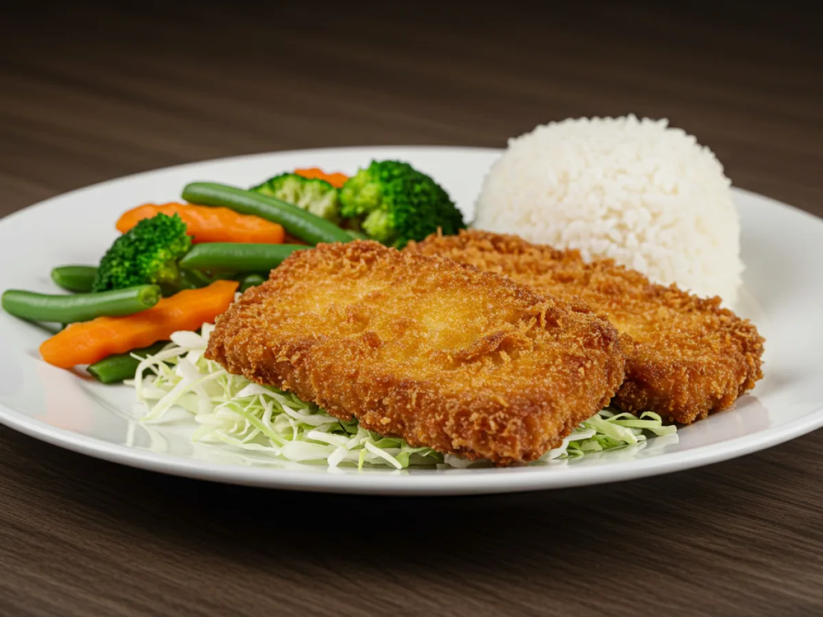 Agedashi Tofu Katsu with Steamed Vegetables and Cabbage Salad Agedashi Tofu Katsu with Steamed Vegetables and Cabbage Salad