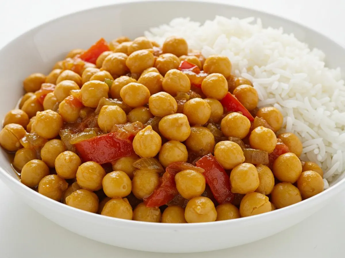 Vegan Chickpea Stew Served with Rice [NO TZAZIKI]
