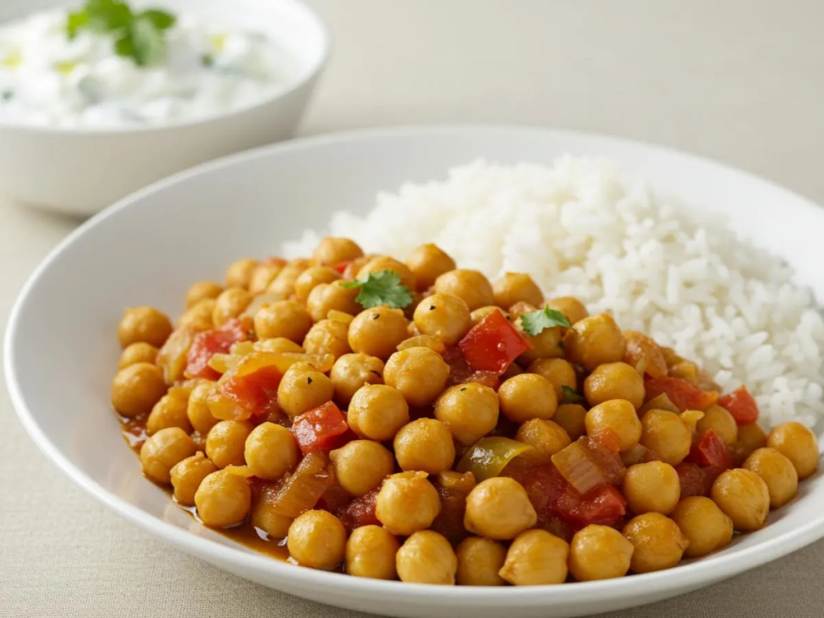 Chickpea Stew Served with Rice and Tzatziki