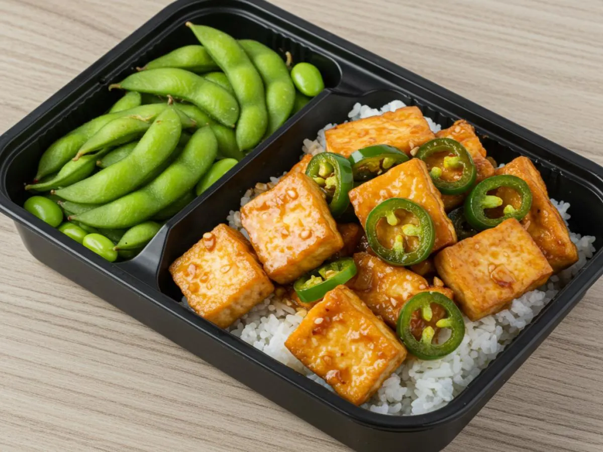 Jalapeno Stir-Fried Tofu with Rice + Edamame