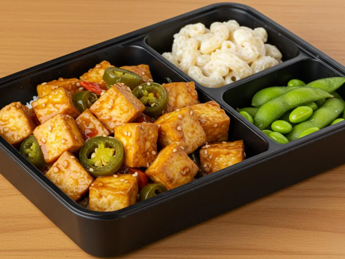 Jalapeno Stir-Fried Tofu with Mac Salad + Edamame