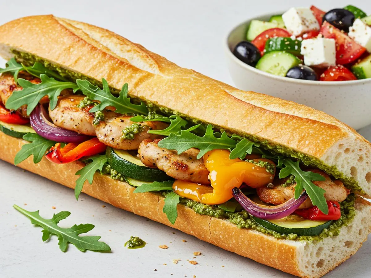 Chicken Pesto Sandwich with Mediterranean Salad Chicken Pesto Sandwich with Mediterranean Salad