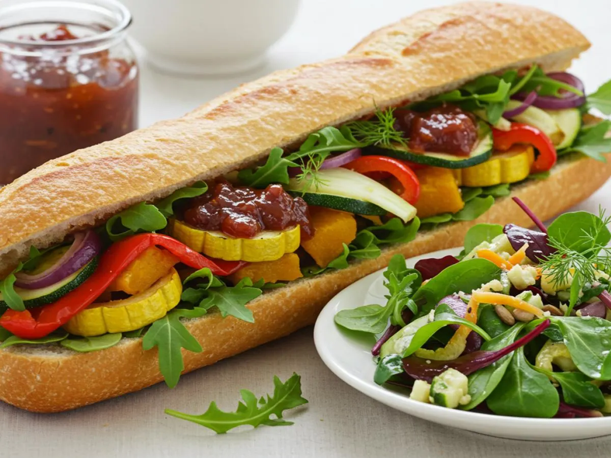 Vegan Roasted Vegetable Sandwich with Mediterranean Salad Vegan Roasted Vegetable Sandwich with Mediterranean Salad
