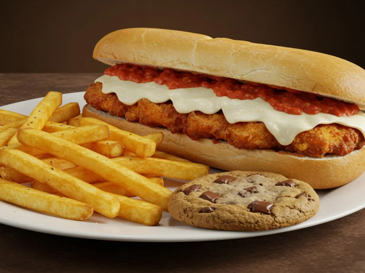 Gluten Free Chicken Parmigiana Sandwich with Fries and a Cookie Gluten Free Chicken Parmigiana Sandwich with Fries and a Cookie