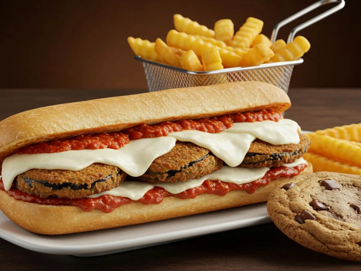 Eggplant Parmigiana Sandwich with Fries and a Cookie Eggplant Parmigiana Sandwich with Fries and a Cookie