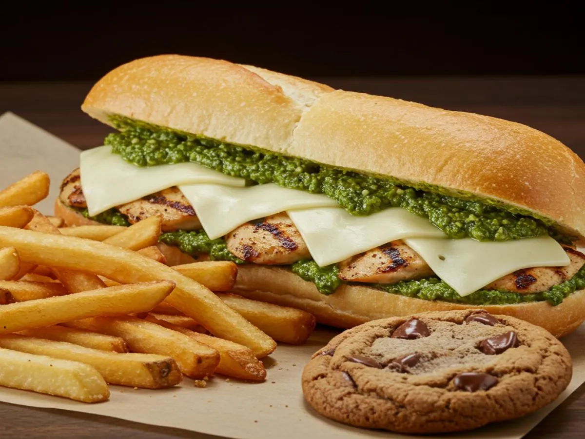 Gluten Free Grilled Chicken Pesto with Provolone with Fries and a Cookie Gluten Free Grilled Chicken Pesto with Provolone with Fries and a Cookie
