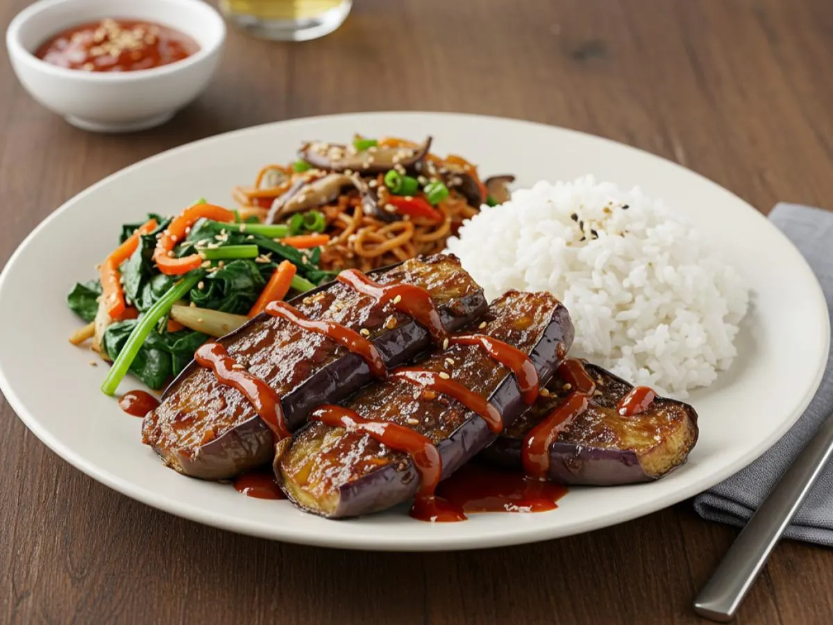 Korean Marinated Eggplant Rice Bowl