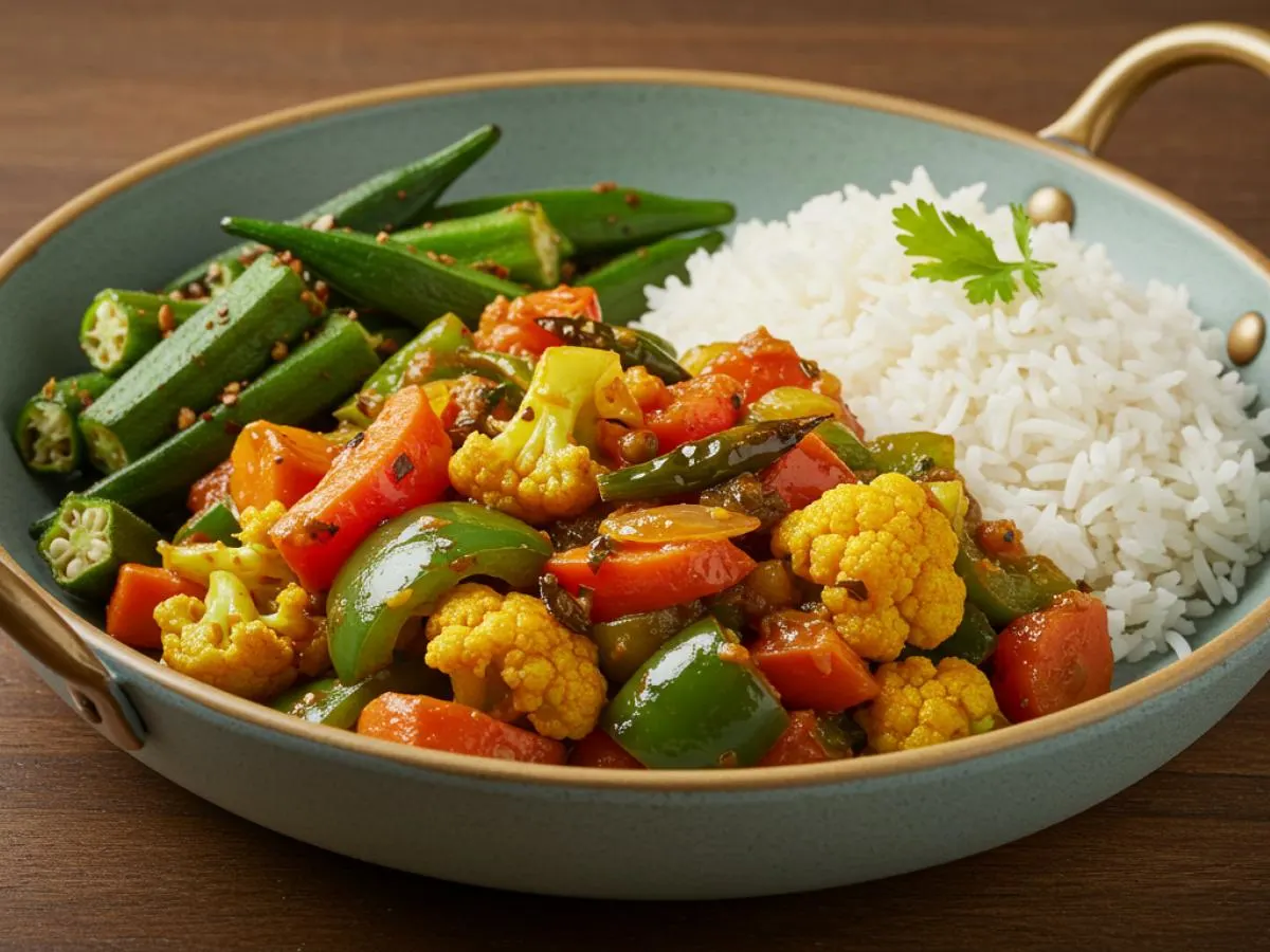 Vegetable Jalfrazie and Bhindi Do Piyaza With Rice