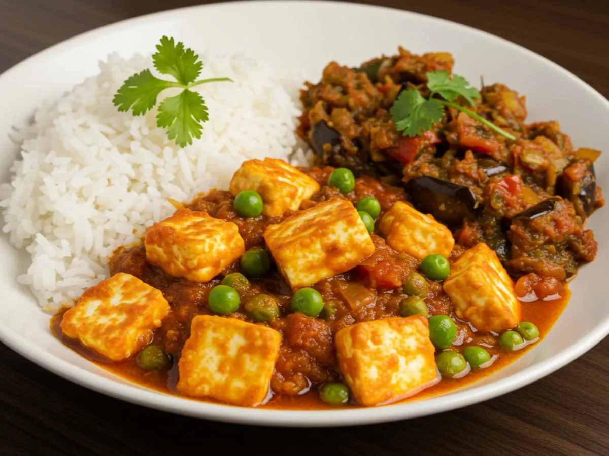 Matar Paneer With Baingan Bhartha and Rice