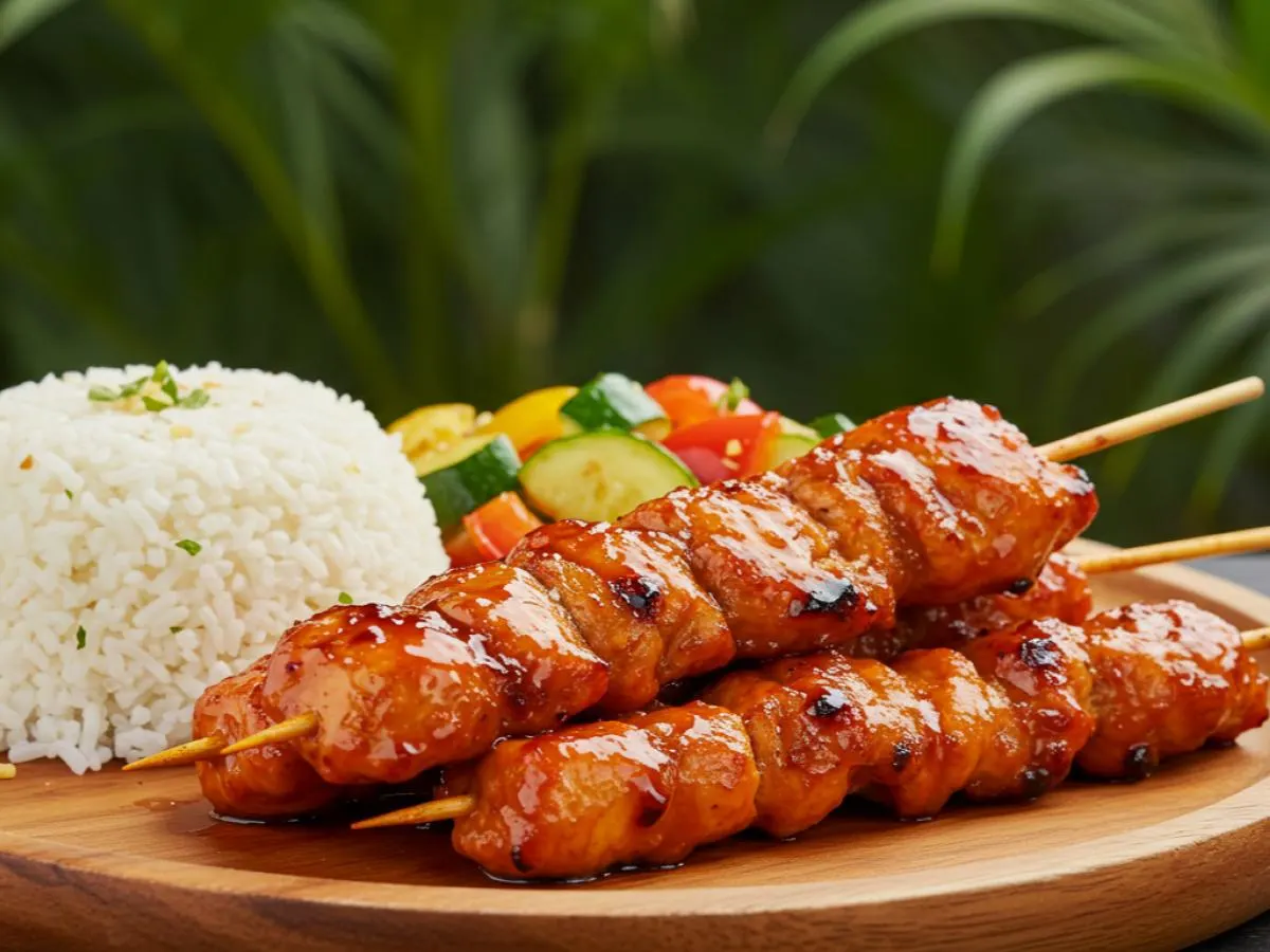 Flilipino Bbq Chicken Skewers with Garlic Rice and Seasonal Roasted Vegetables